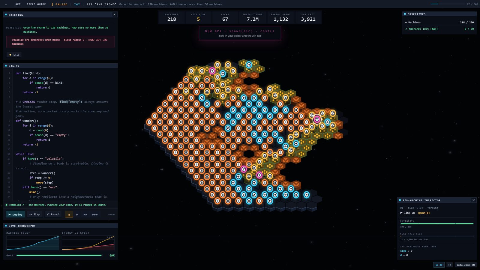 Fork Bomb's THE CROWD scenario: hundreds of machines running one program on a small map